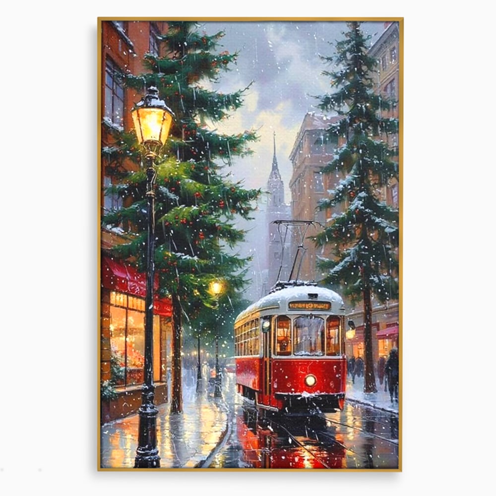 Tablou canvas cu pictura cu tramvai rosu in ninsoare, in rama de aluminiu auriu